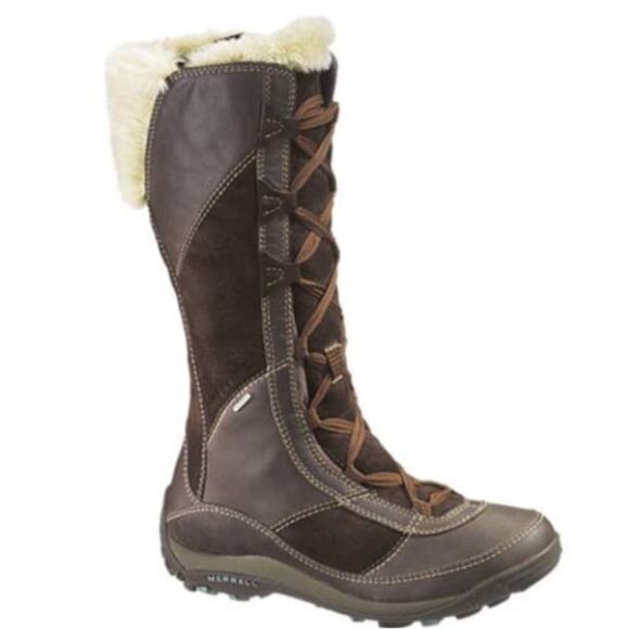 Merrell Prevoz Waterproof Brown Leather Fur Lace Zip Boots size 8.5 - Picture 1 of 15